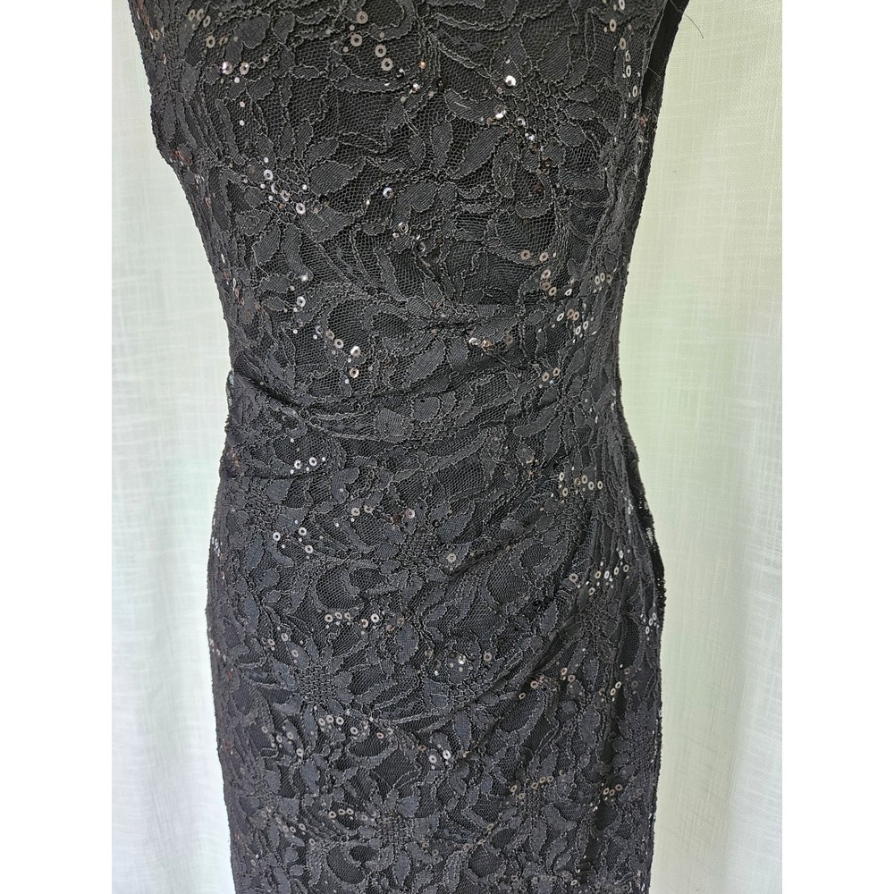 Lauren Ralph Lauren Lace Sequin Sheath Dress Womens 8 Black Ruched Wedding LBD - Picture 3 of 8